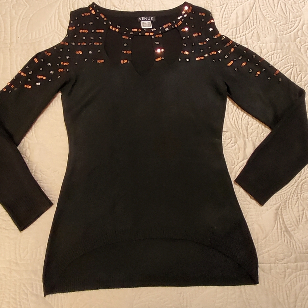 Venus Cold Shoulder Hi-lo Sequined Sweater